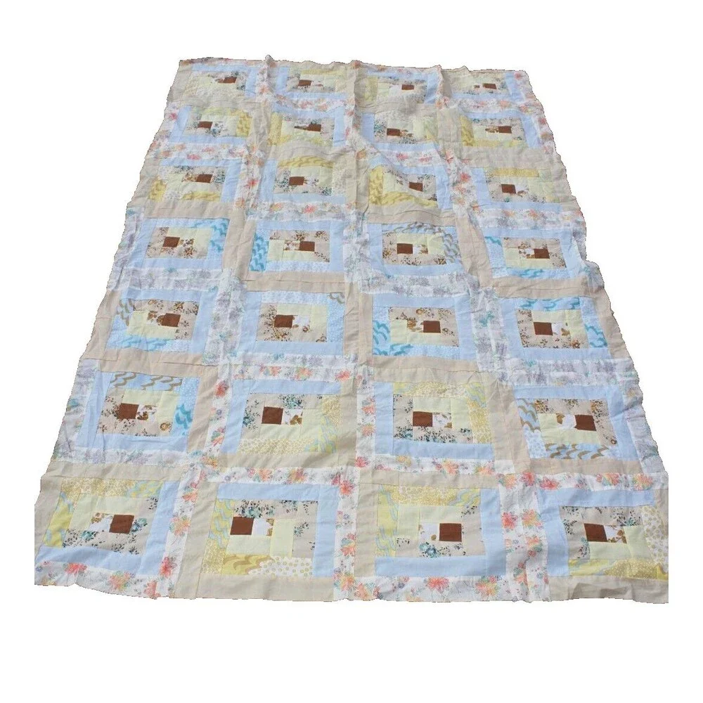 Vintage Handsewn Log Cabin Quilt Top Small Prints 64x105